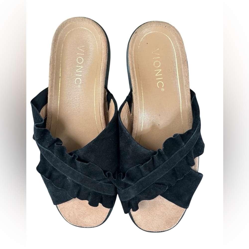 Vionic Azalea Black Suede Ruffled Criss Cross Strap Comfort Slide Sandals 7.5